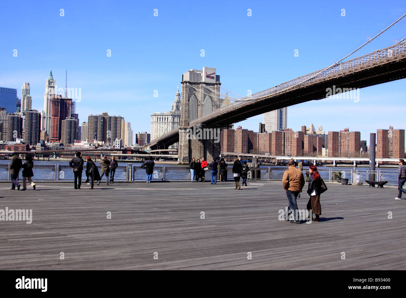Fulton Ferry Landing, at the base of the Brooklyn Bridge, looking west