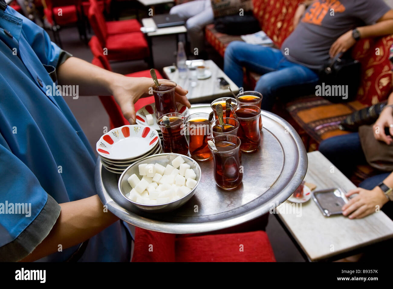 Turkish tea being served in Turkish Tea House Istanbul Turkey Stock Photo