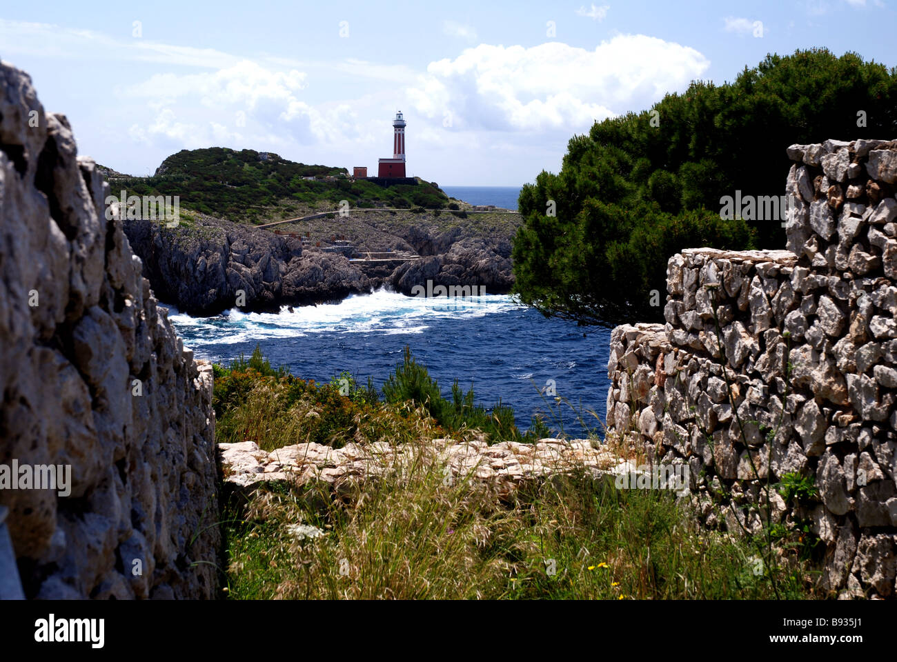 View from the Fortino del Pino to the Punta Carena lighthouse West coast Island Capri Campania Italy Stock Photo