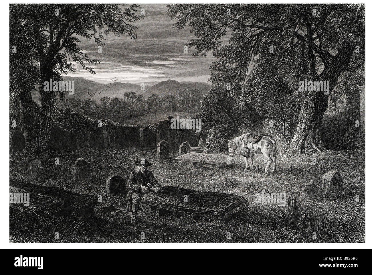 the graveyard old mortality at the tombs church yard ruin period dress horse rider countryside country wild outside dusk Old Mor Stock Photo