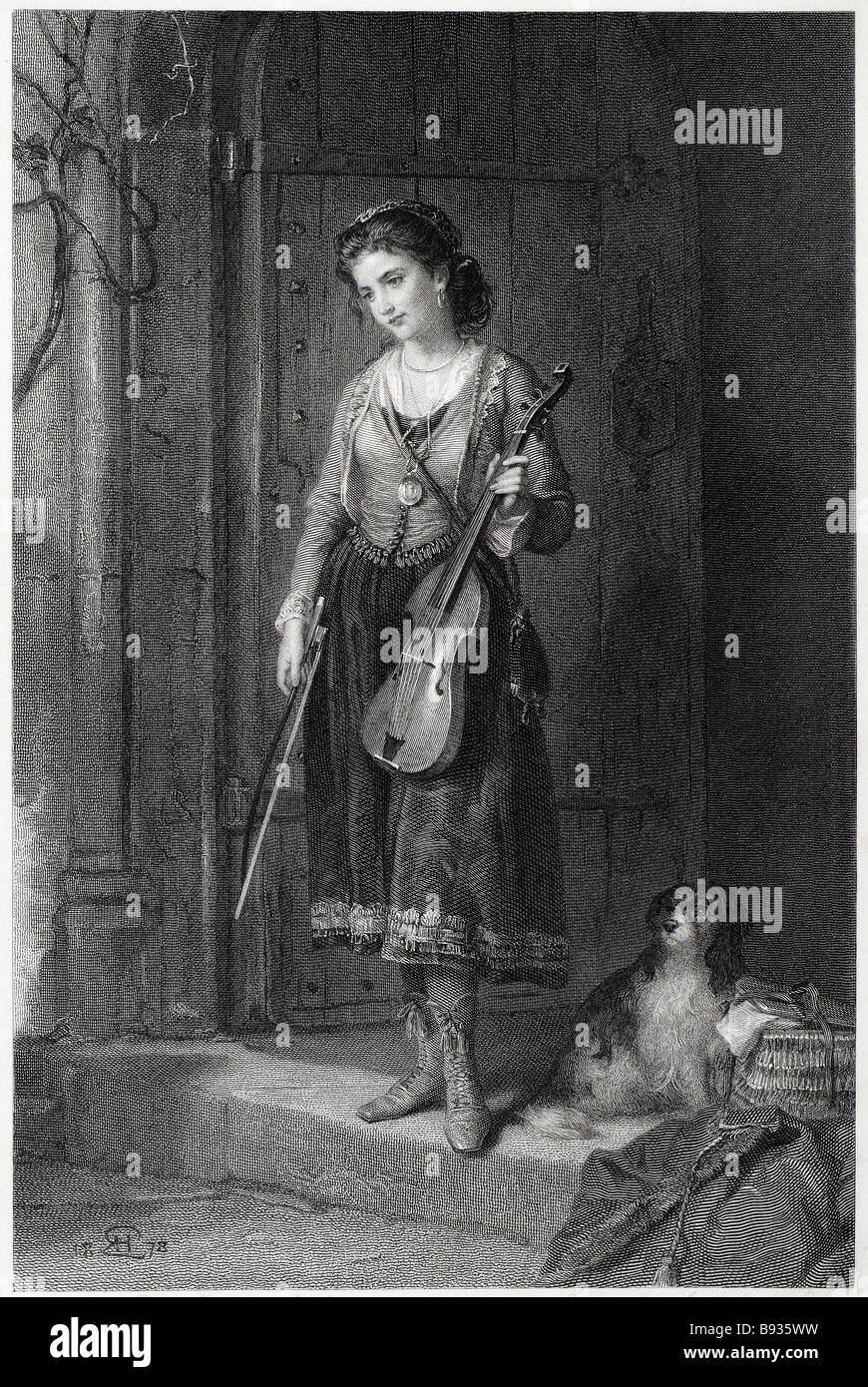 the glee maiden violin musician girl period dress playing instrument doorway dog woman traditional clothing possing house child Stock Photo