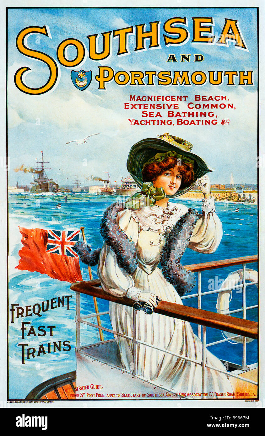 Southsea and Portsmouth 1905 poster with elegant Edwardian lady illustrating the holiday delights of the Navy city on the south coast Stock Photo