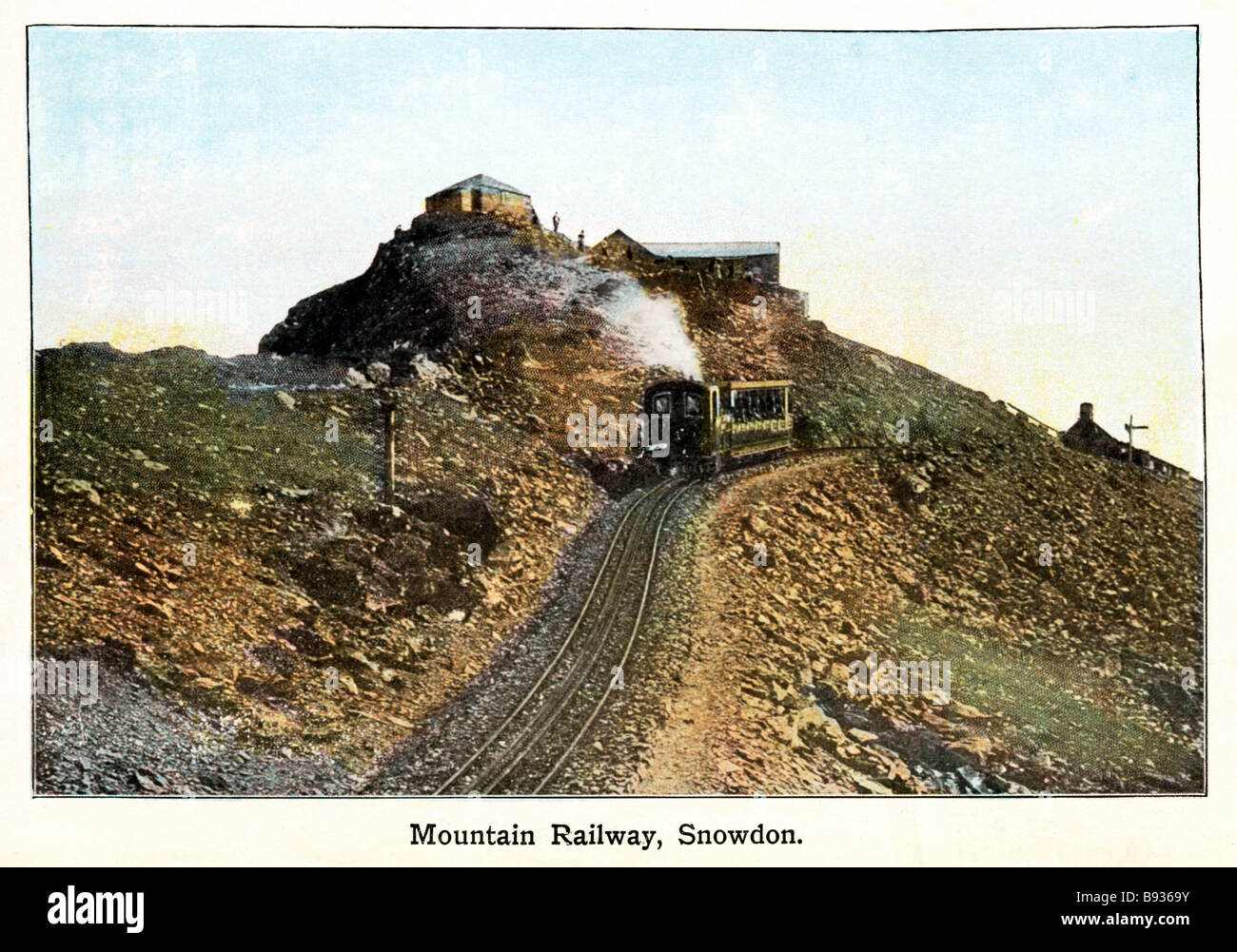 Snowdon Mountain Railway Edwardian coloured photo of the peak of Wales highest mountain and the tourist railway that serves it Stock Photo