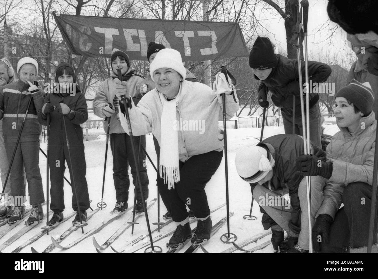 Tamara Mayorova director of secondary school No 4 taking part in ski touring together with schoolchildren Stock Photo