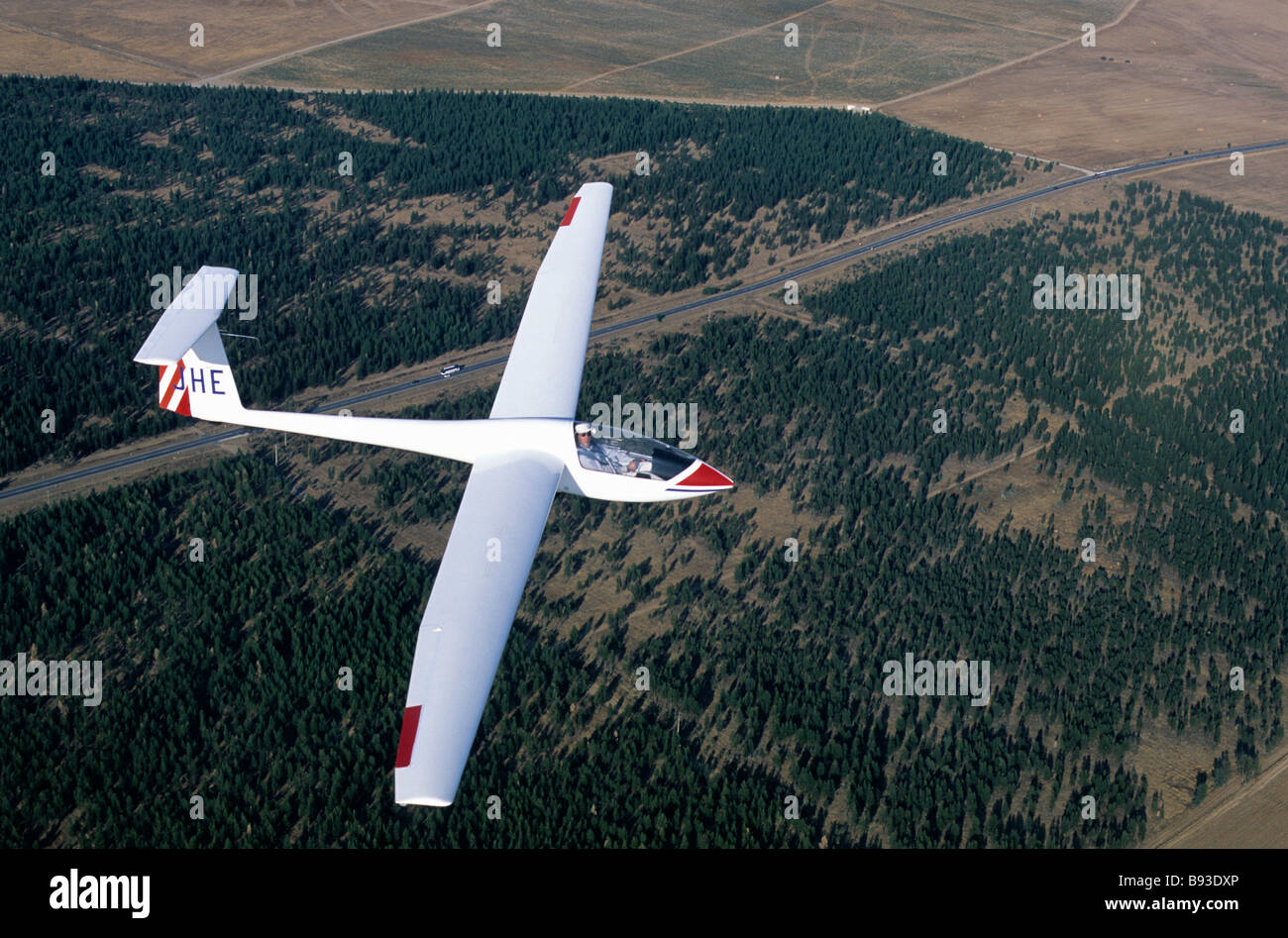 A glider flying over the Alentejo countryside in southern Portugal Stock Photo
