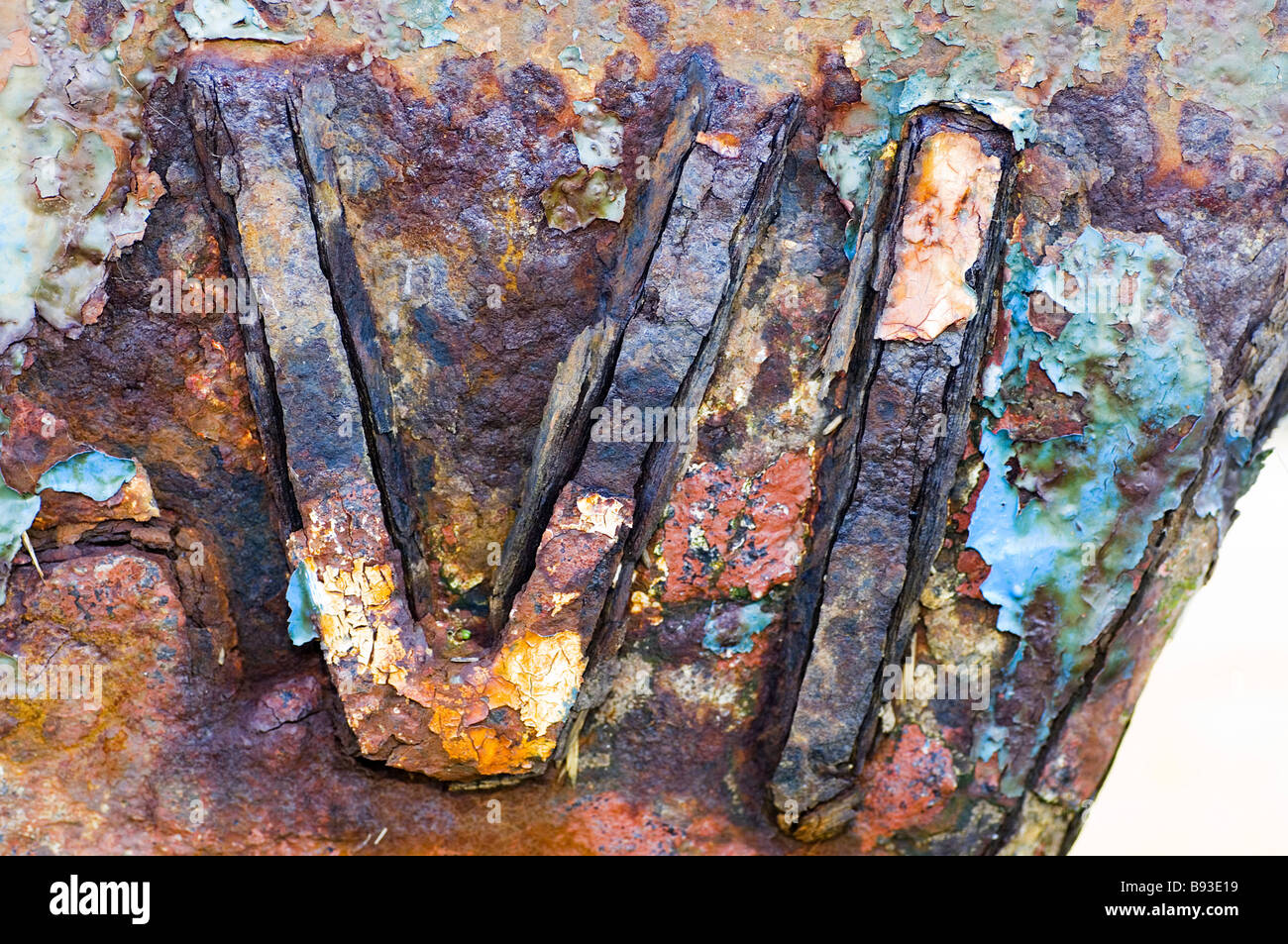 Rusting roman numerals on bow of abandoned fishing boats,Fleetwood,Lancashie,UK Stock Photo