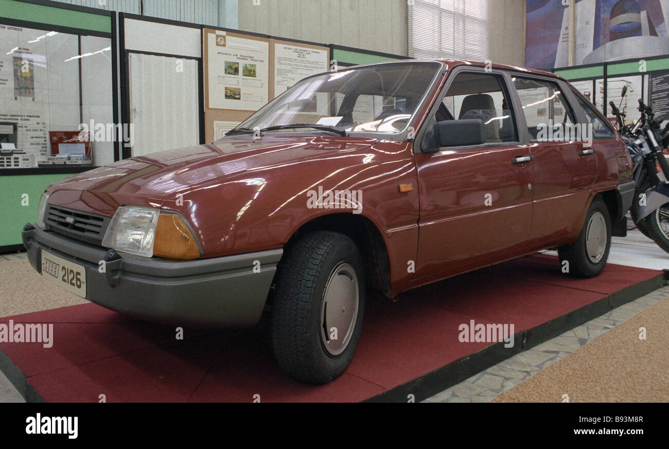 Izh 2126 Moskvich automobile displayed at the permanent exhibition of consumer goods put out by Soviet munitions works