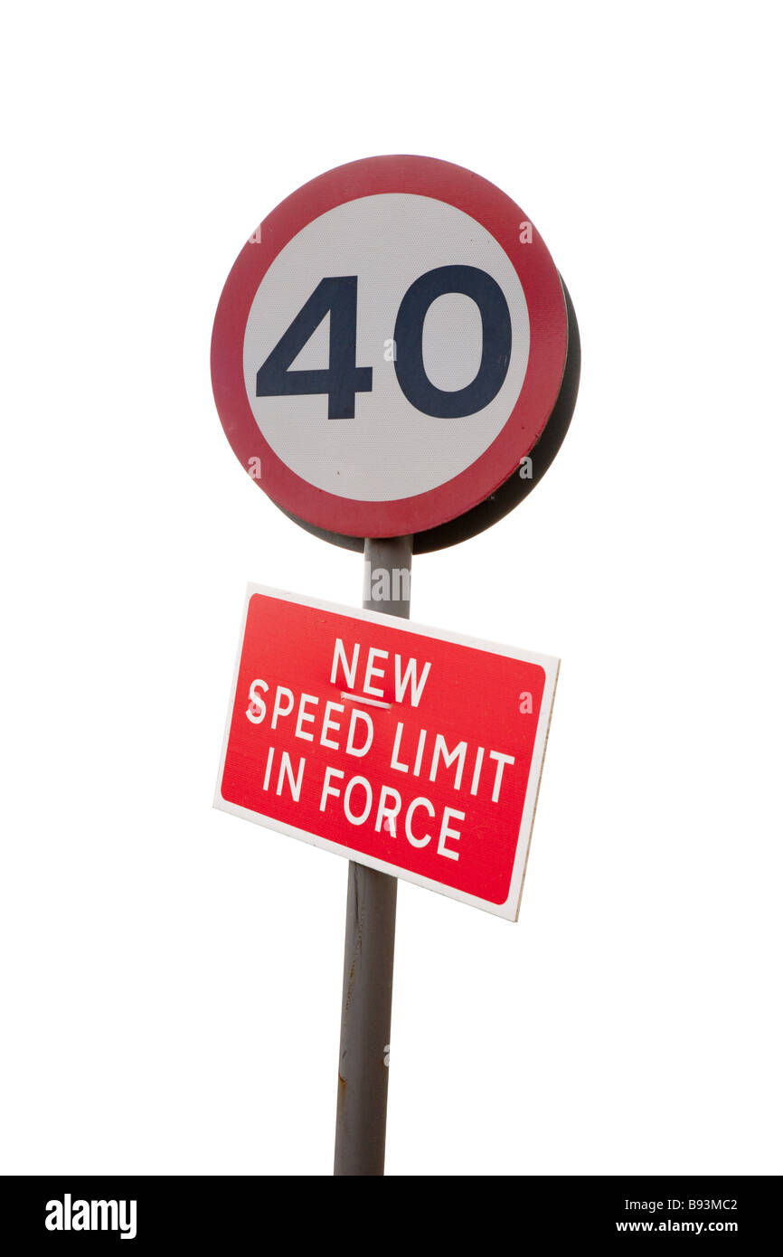 40 MPH - miles per hour sign with a temporary  'New speed limit in force' sign strapped to it. England, UK. Stock Photo