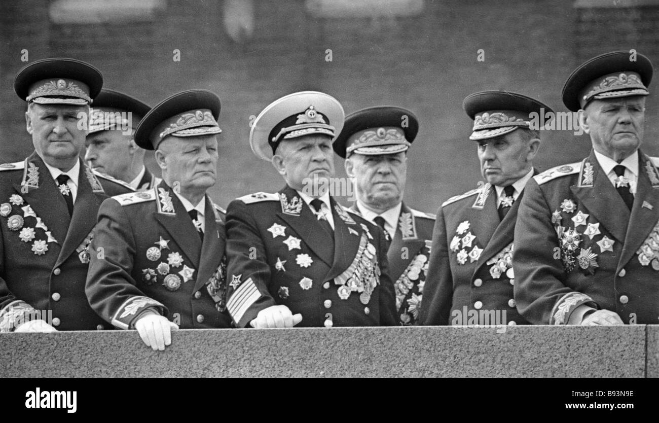 Marshals of the Soviet Union from left to right Vasily Sokolovsky Konstantin Rokossovsky Filipp Golikov Admiral Sergey Gorshkov Stock Photo