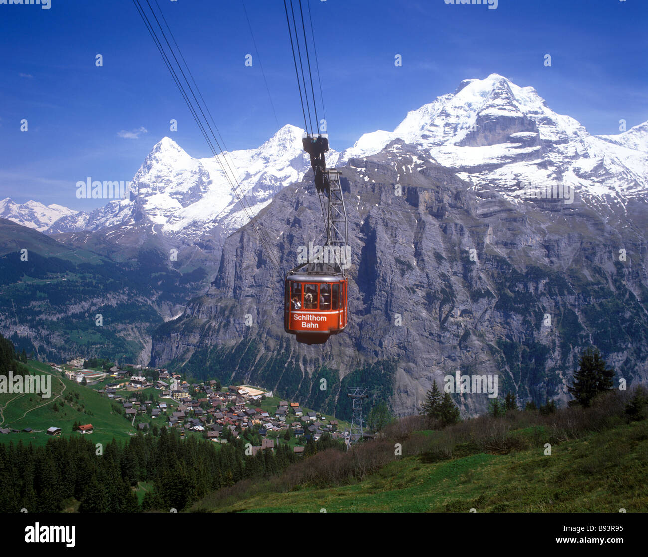 CableCar heading towards the summit of the Schilthorn mountain above
