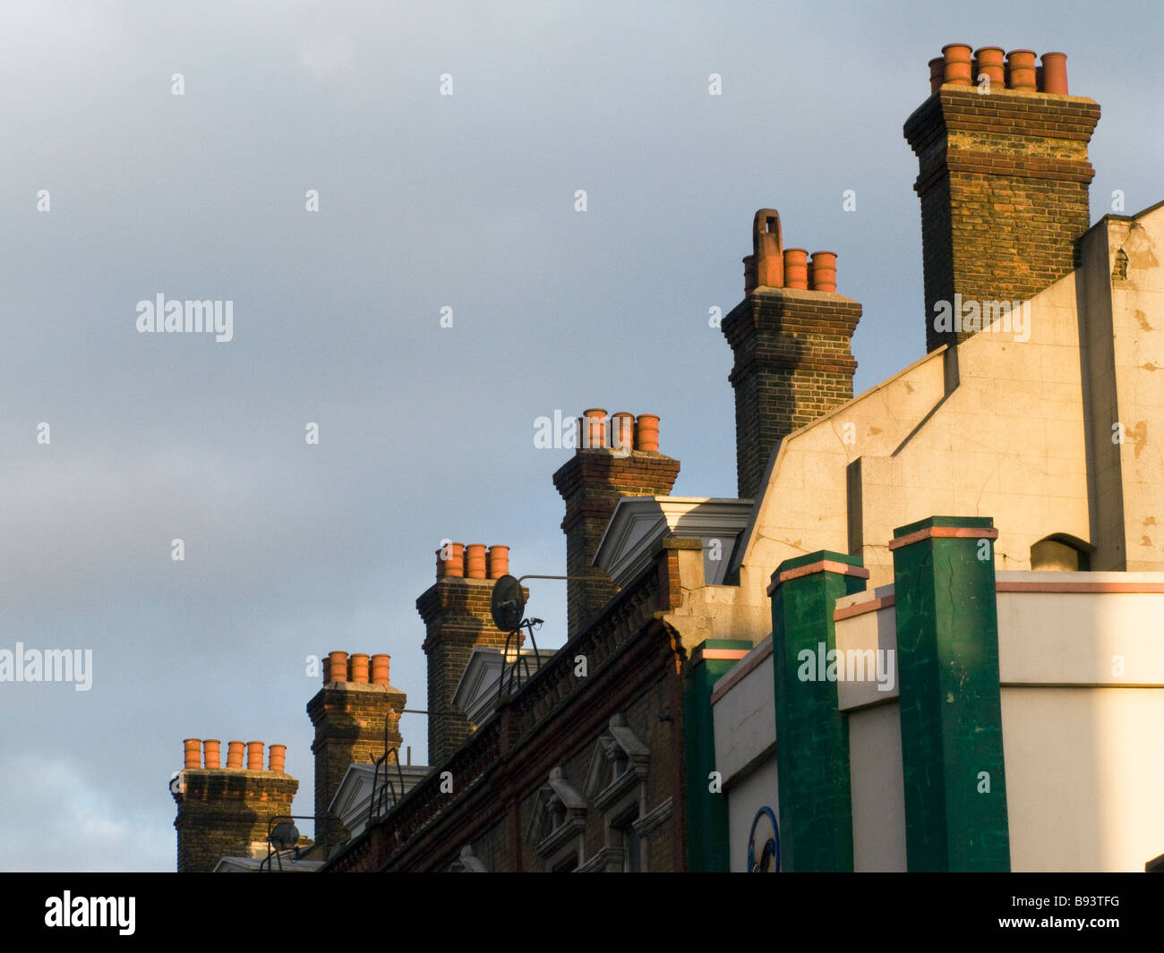 UK.Chimneys in a street of terrace houses in London. Photo © Julio Etchart Stock Photo