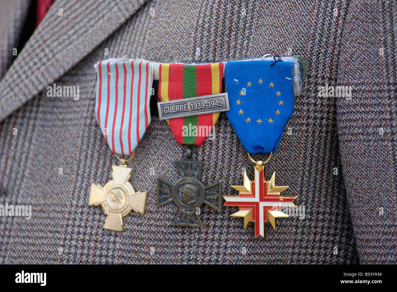 Three medals of a french veteran resistant during a commemorative day in France Stock Photo