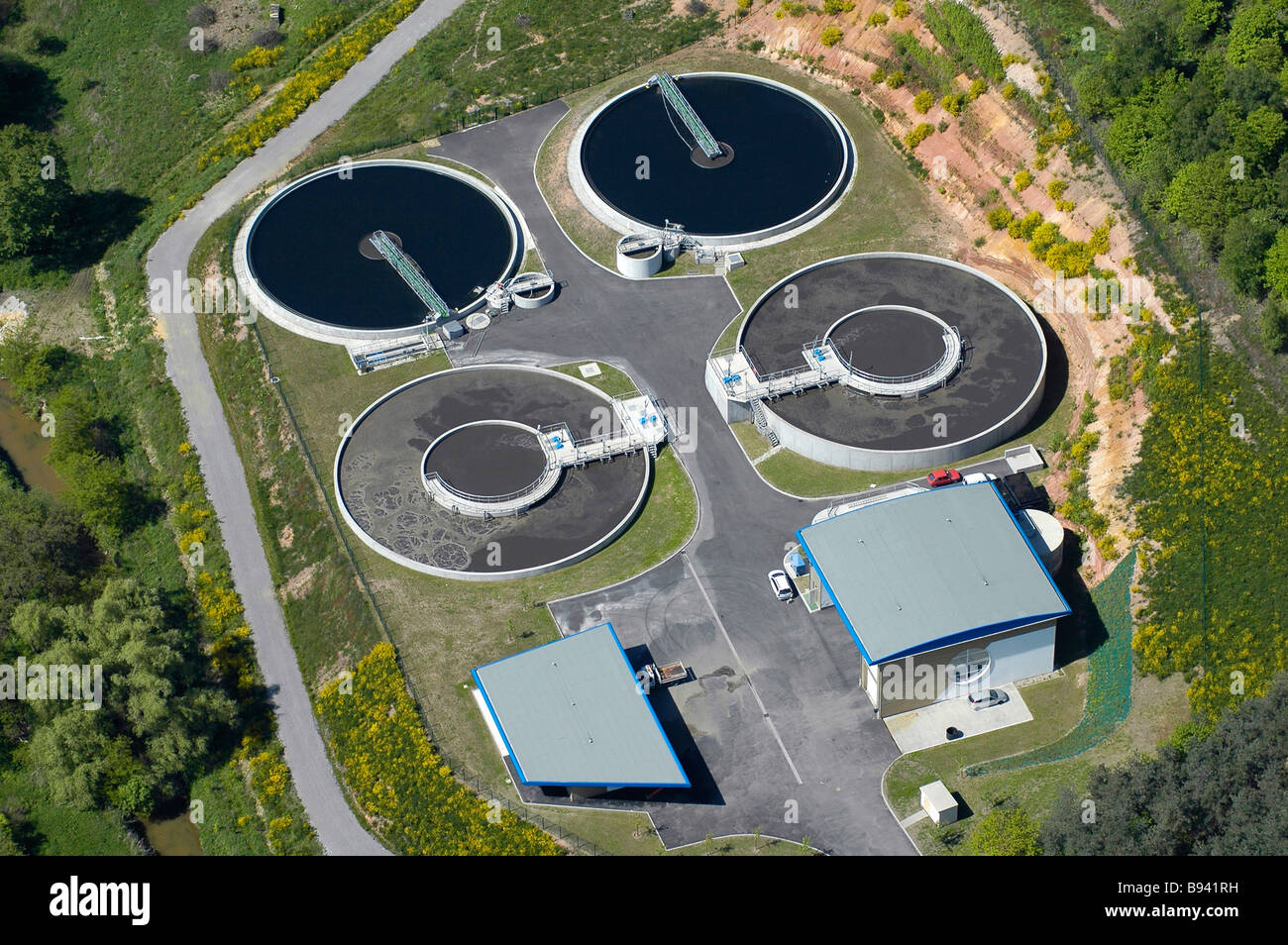 Aerial view of sewage treatment works – Moselle, Lorraine region -  France Stock Photo
