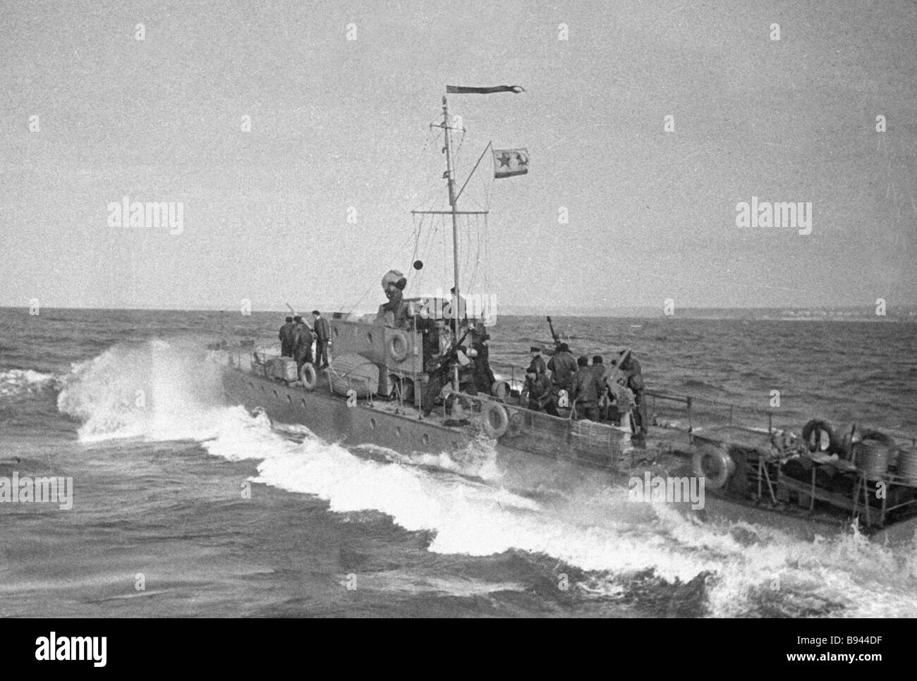 A submarine chaser putting to sea to hunt for enemy submarines Stock