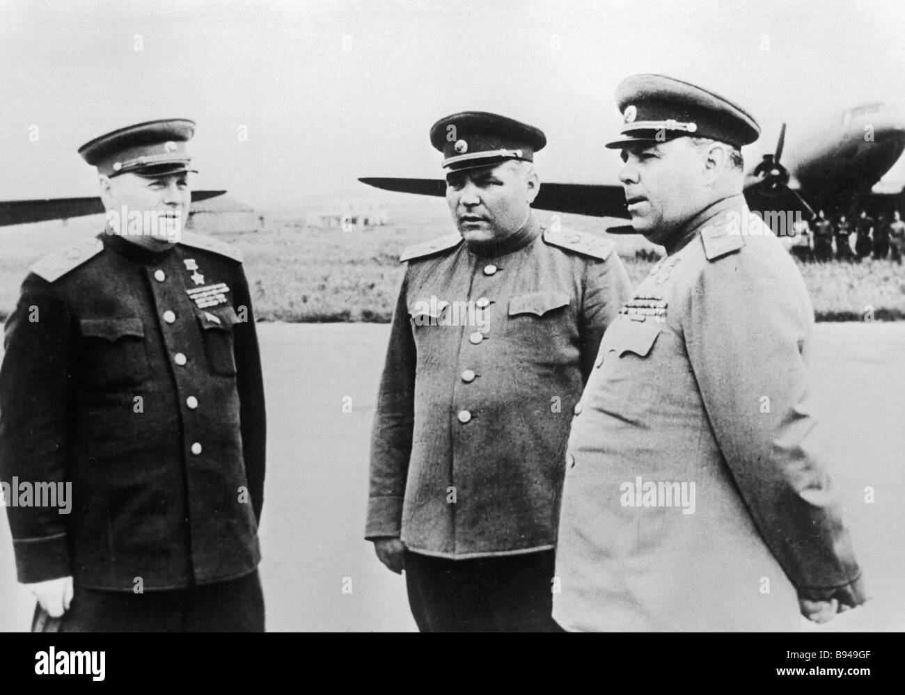 Soviet Union Marshals Kirill Meretskov Rodion Malinovsky and Alexander Vasilevsky left to right in the Dairen airfield Stock Photo