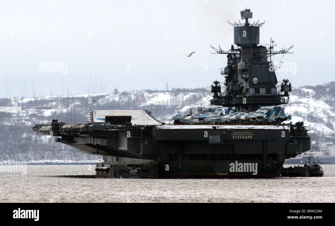 The Admiral Kuznetsov aircraft carrier The Northern Fleet ships returning home Stock Photo