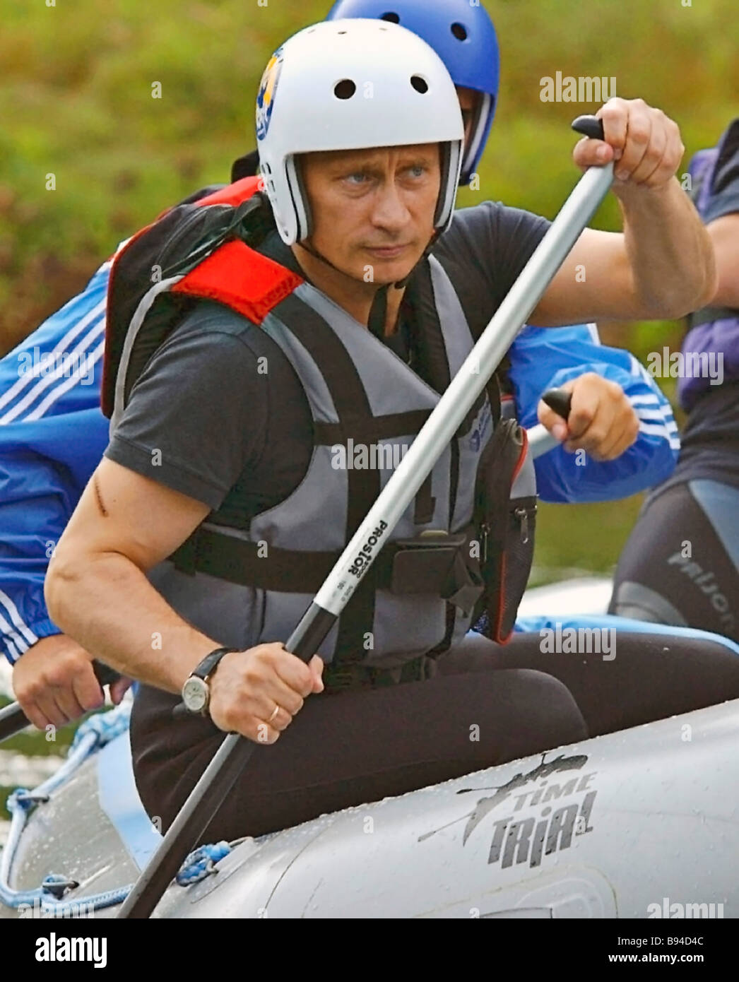 President Vladimir Putin on two hour rafting drive along the mountain River Charysh during his short term vacations in Altai Stock Photo