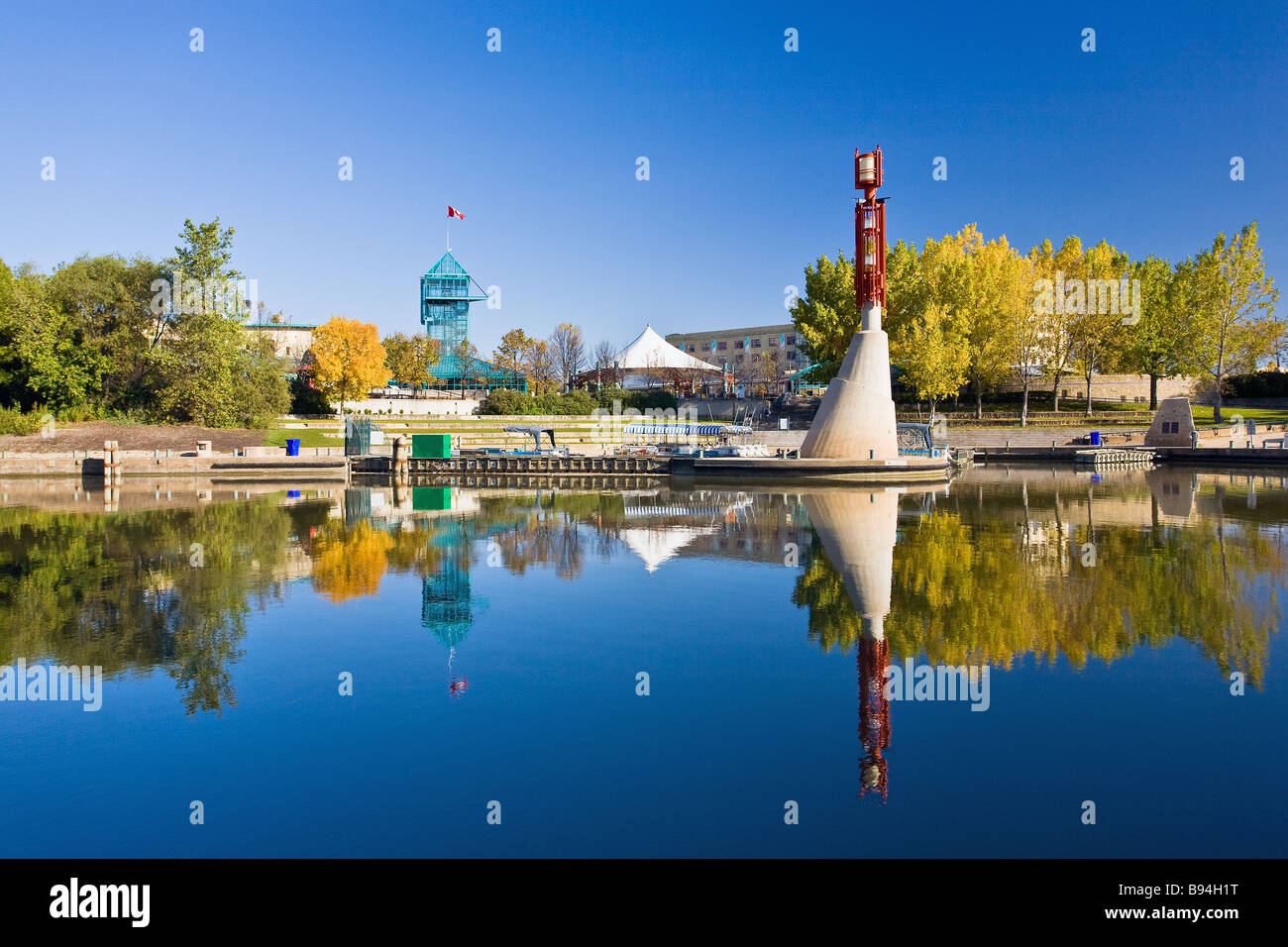 The Forks, reflection, Assiniboine River, Winnipeg, Manitoba, Canada ...