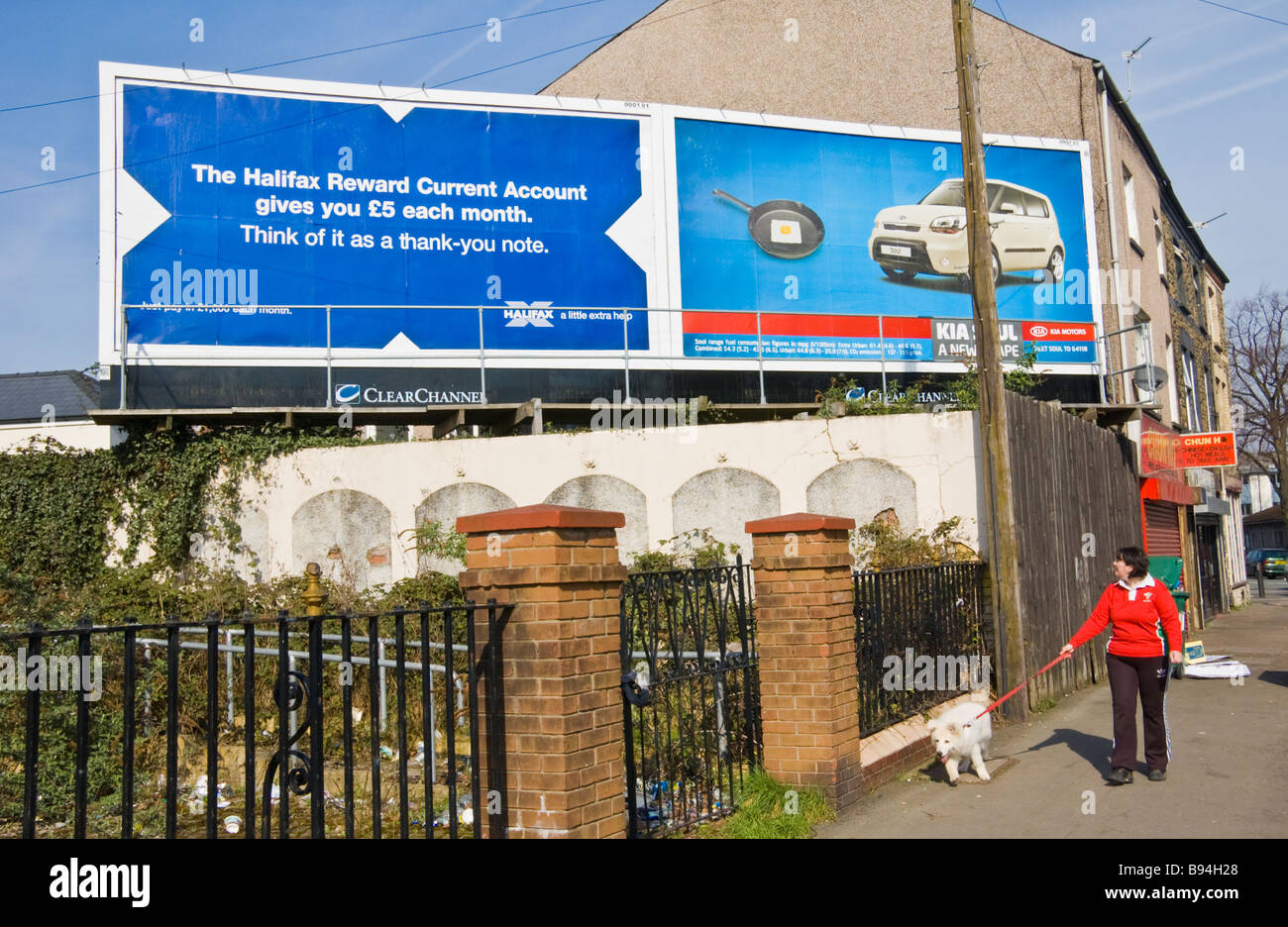 Advertising billboards for Halifax bank and Kia car company in Newport