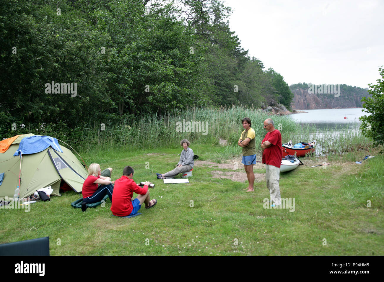 Kayakers camp For editorial use only. Stock Photo