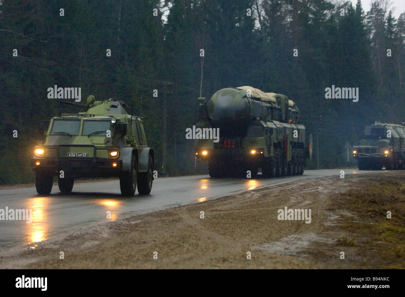 Land based mobile strategic missile system Topol getting into position Stock Photo