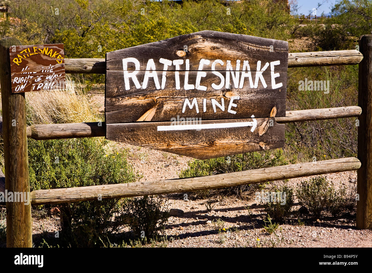 Image of the sign marking the trailhead for the Rattle Snake Mine area at Old Tucson Arizona Stock Photo