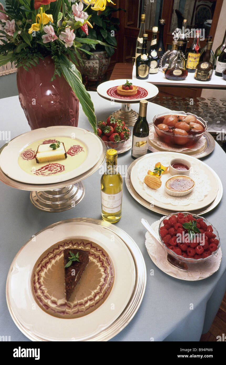 Food Display, gourmet resturant, Elegant dining, dessert tray, at elegant resturant. Stock Photo
