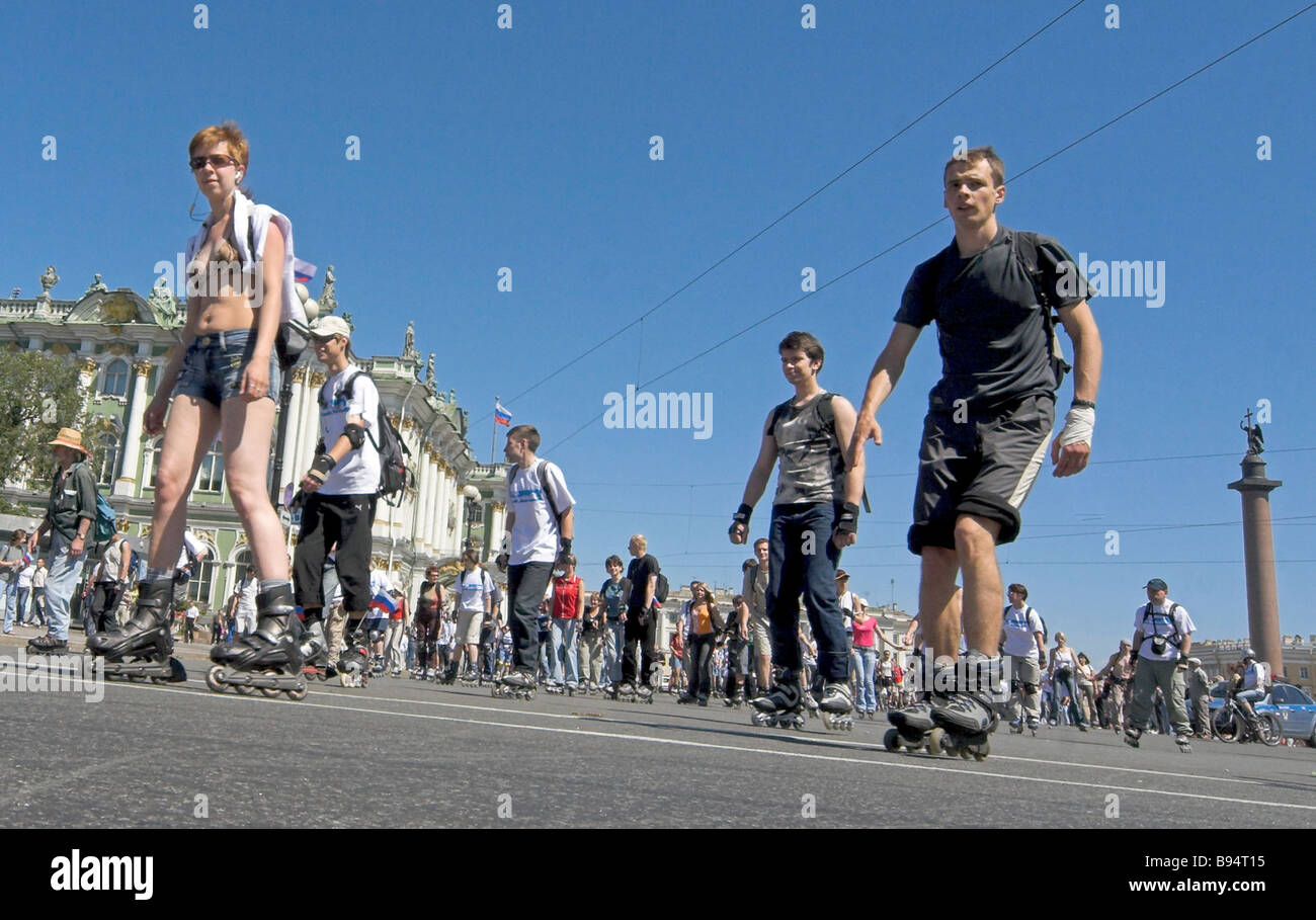A Sport Journalists Day roller skating race in St Petersburg gathered young people from all over the city Stock Photo