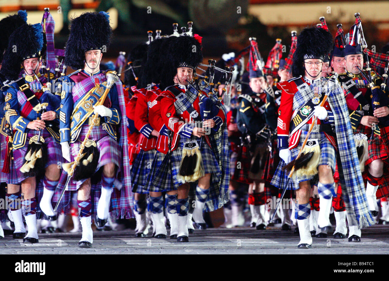Composite orchestra of bagpipes from Great Britain Canada South Africa Australia and New Zealand