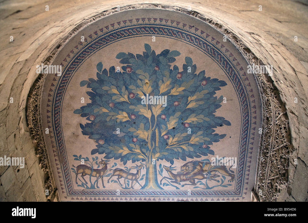 'Tree of Life' mosaic in the bath complex at Khirbat al-Mafjar known as Hisham's Palace an early Islamic archaeological site near Jericho, in Israel Stock Photo