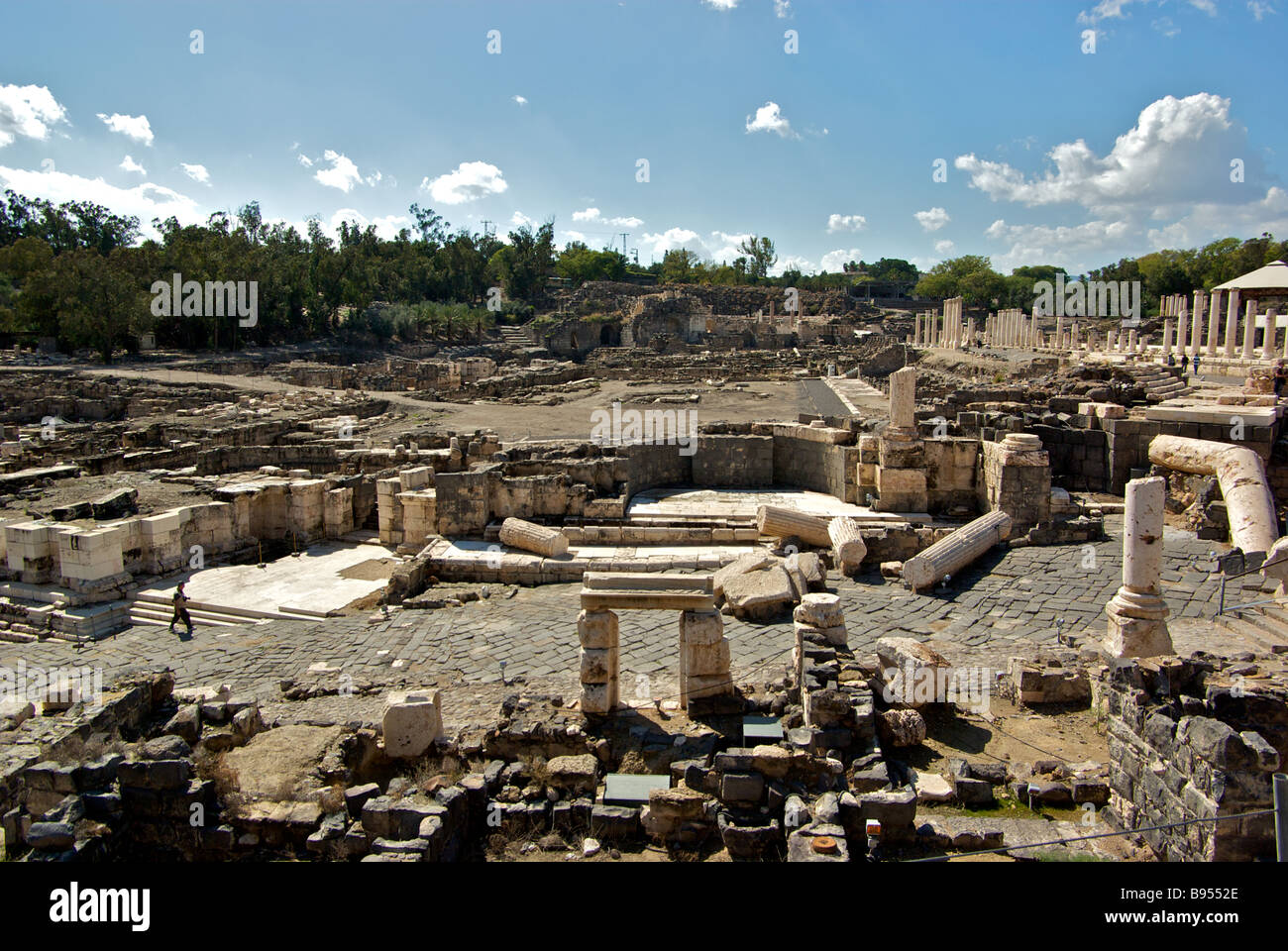 Overview of earthquake toppled building columns debris ruins devastation in archaeological excavation site Stock Photo