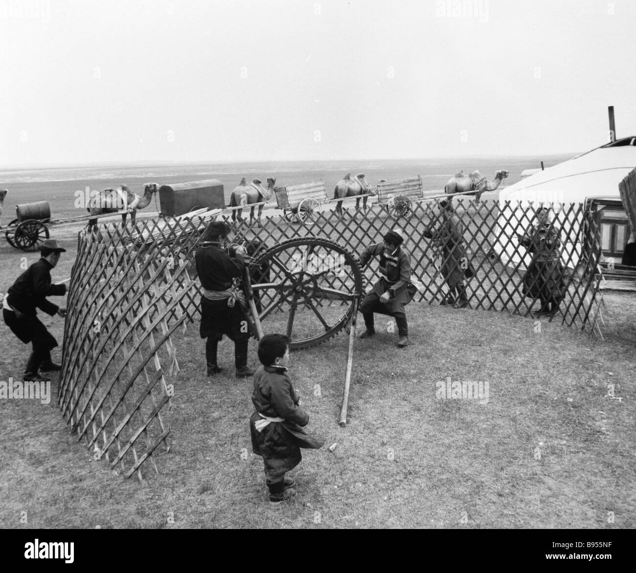 Buryats pitch a yurt Stock Photo