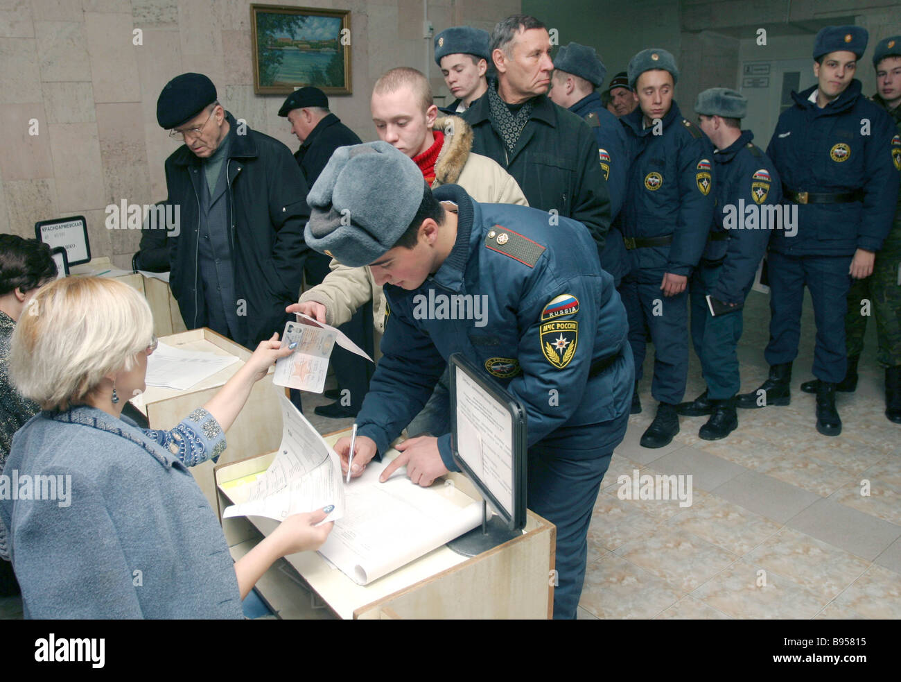 Emergency Ministry servicemen voting in State Duma elections in Rostov on Don Stock Photo