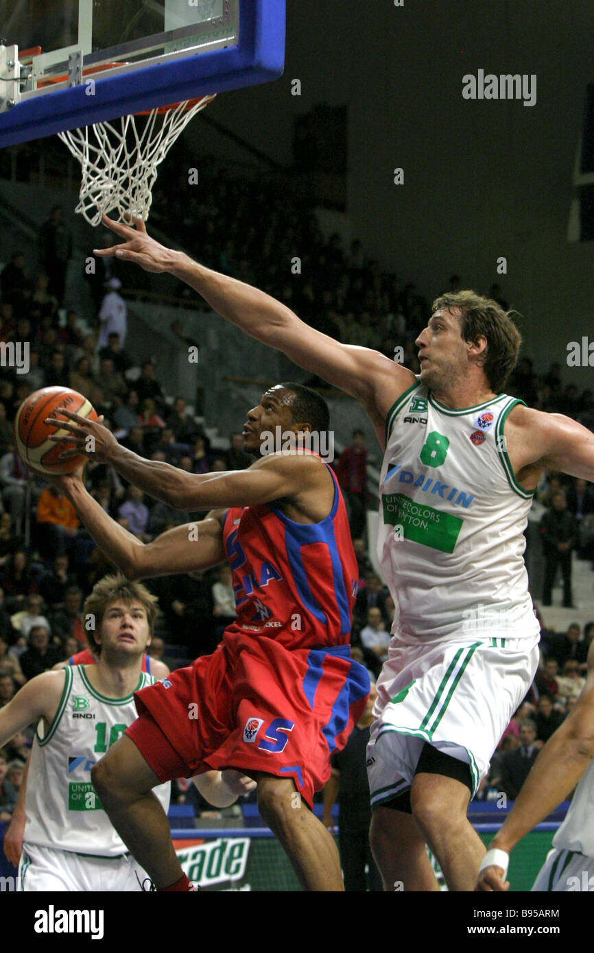 The Euroleague 1st round basketball match between CSKA Russia in red shirts and Benetton Italy Stock Photo