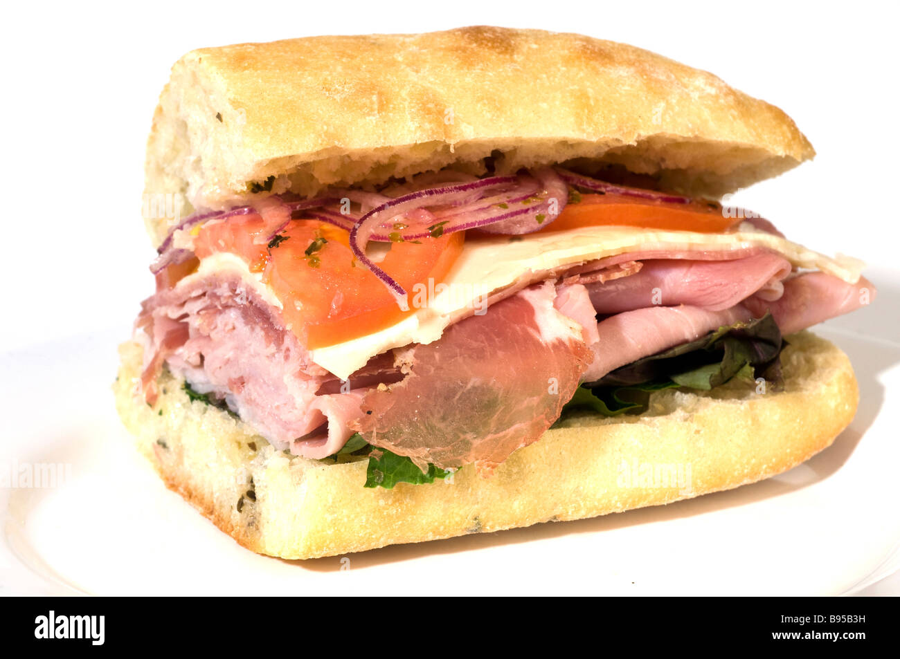 gourmet expensive italian hero sandwich ciabatta bread ham salami