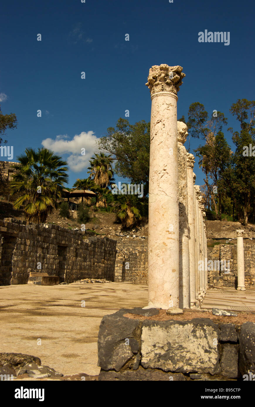 Marble support columns of a Byzantine bathhouse in ancient Scythopolis archaeological excavation site at Bet She an Stock Photo