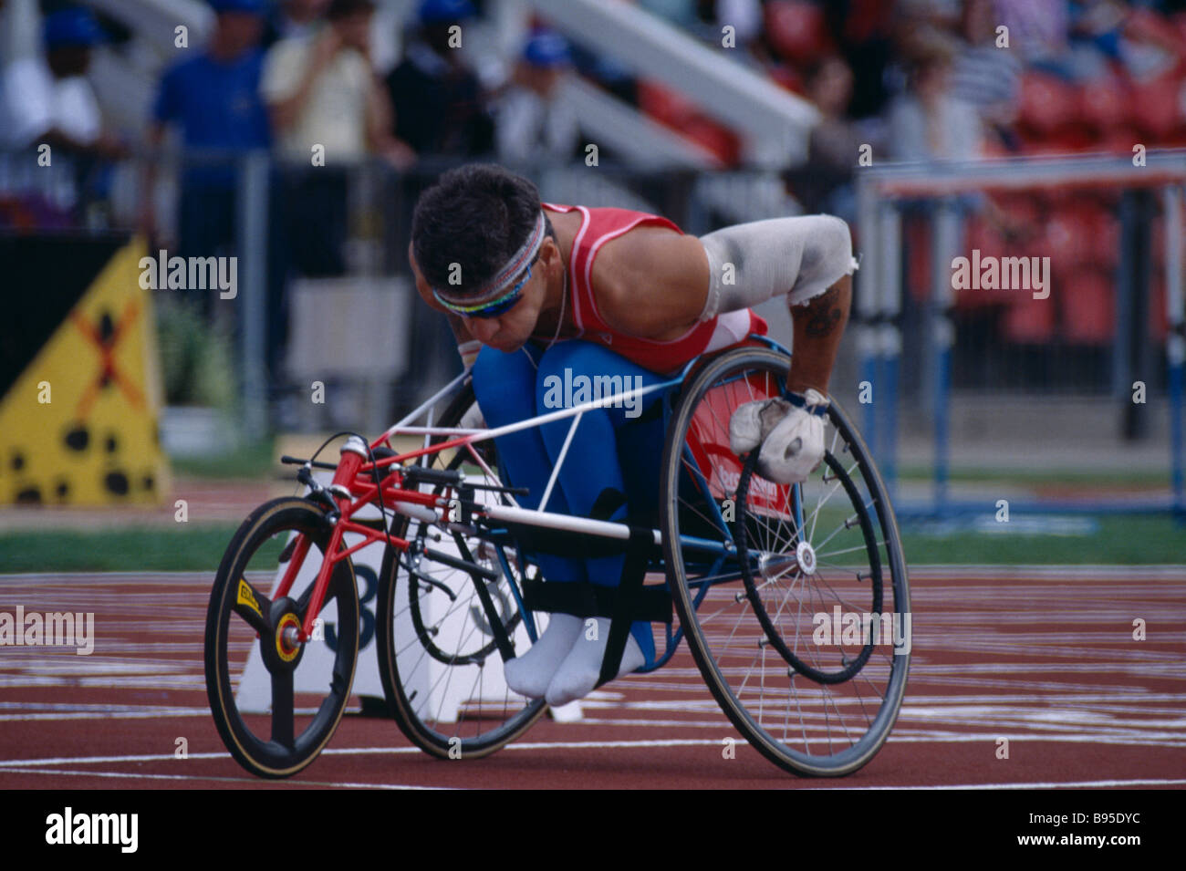 SPORT Athletics Track Disabled athlete lining up the front wheel of his ...