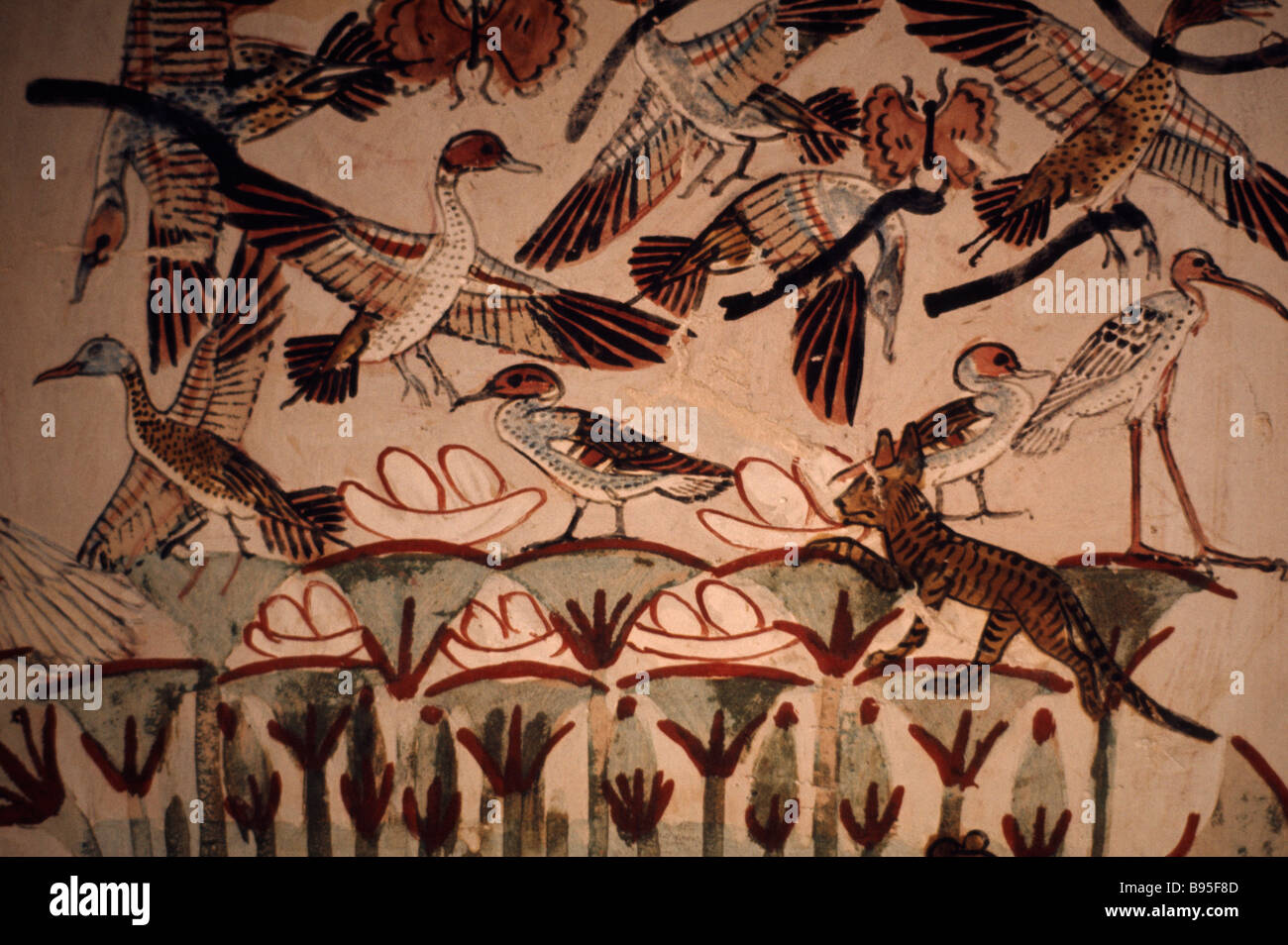 EGYPT Nile Valley Thebes Valley of the Nobles Tomb of Nakht the scribe. Wall painting detail of fox hunting aquatic birds Stock Photo