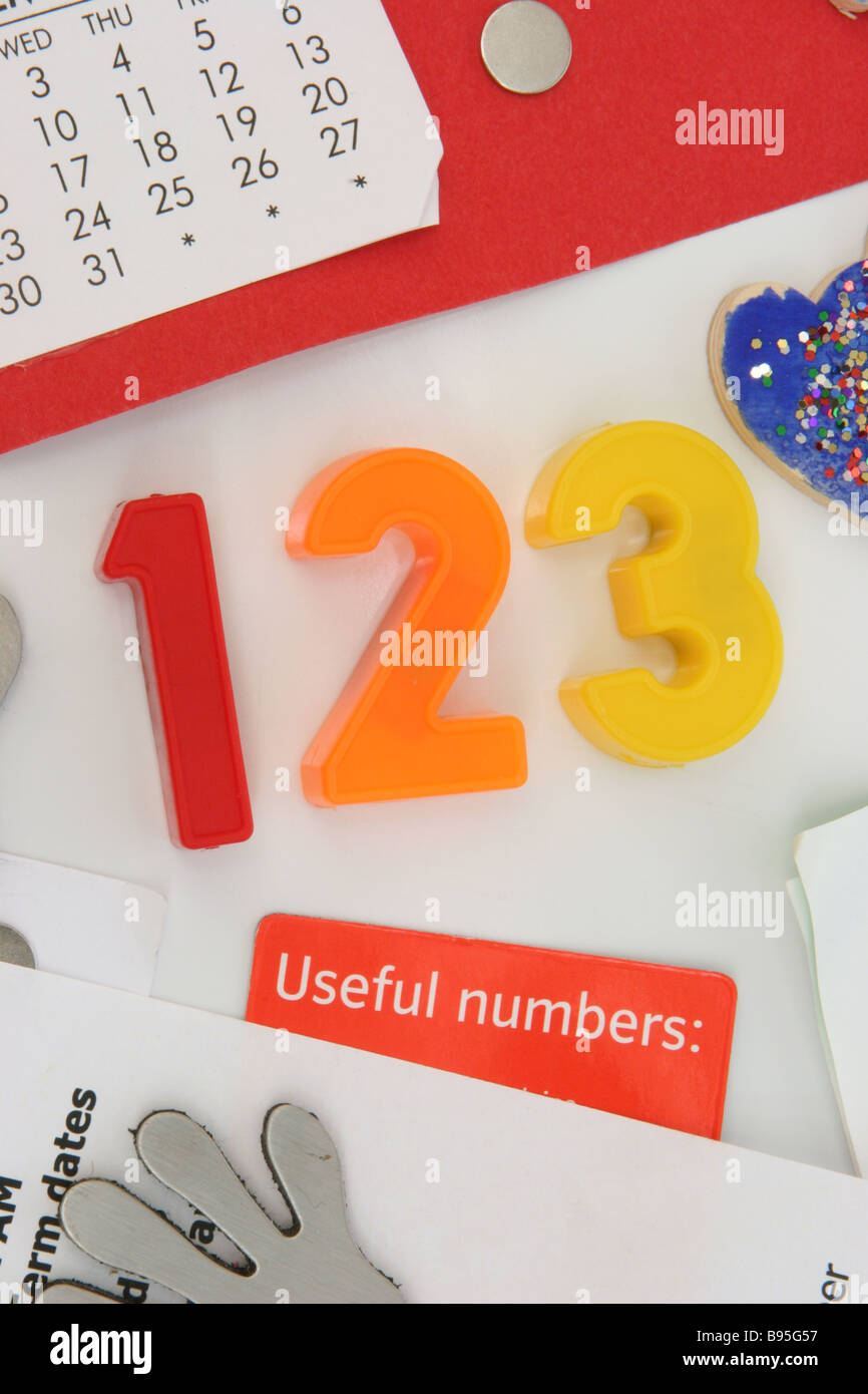 Coloured magnetic Numbers One Two Three on a white refrigerator door Stock Photo