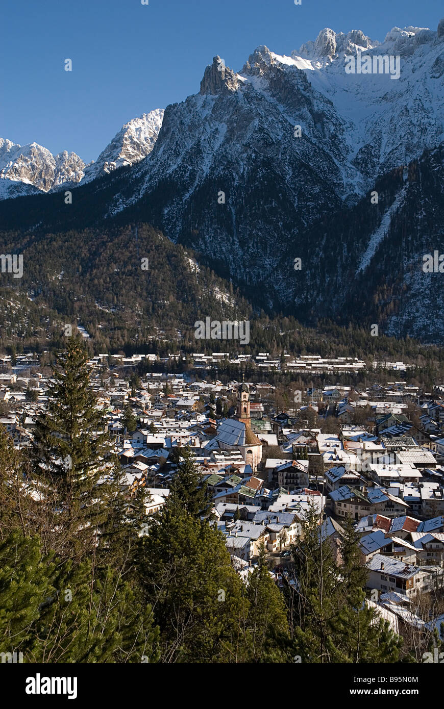 Germany, Bavaria, Mittenwald. View over Mittenwald town rooftops from ...
