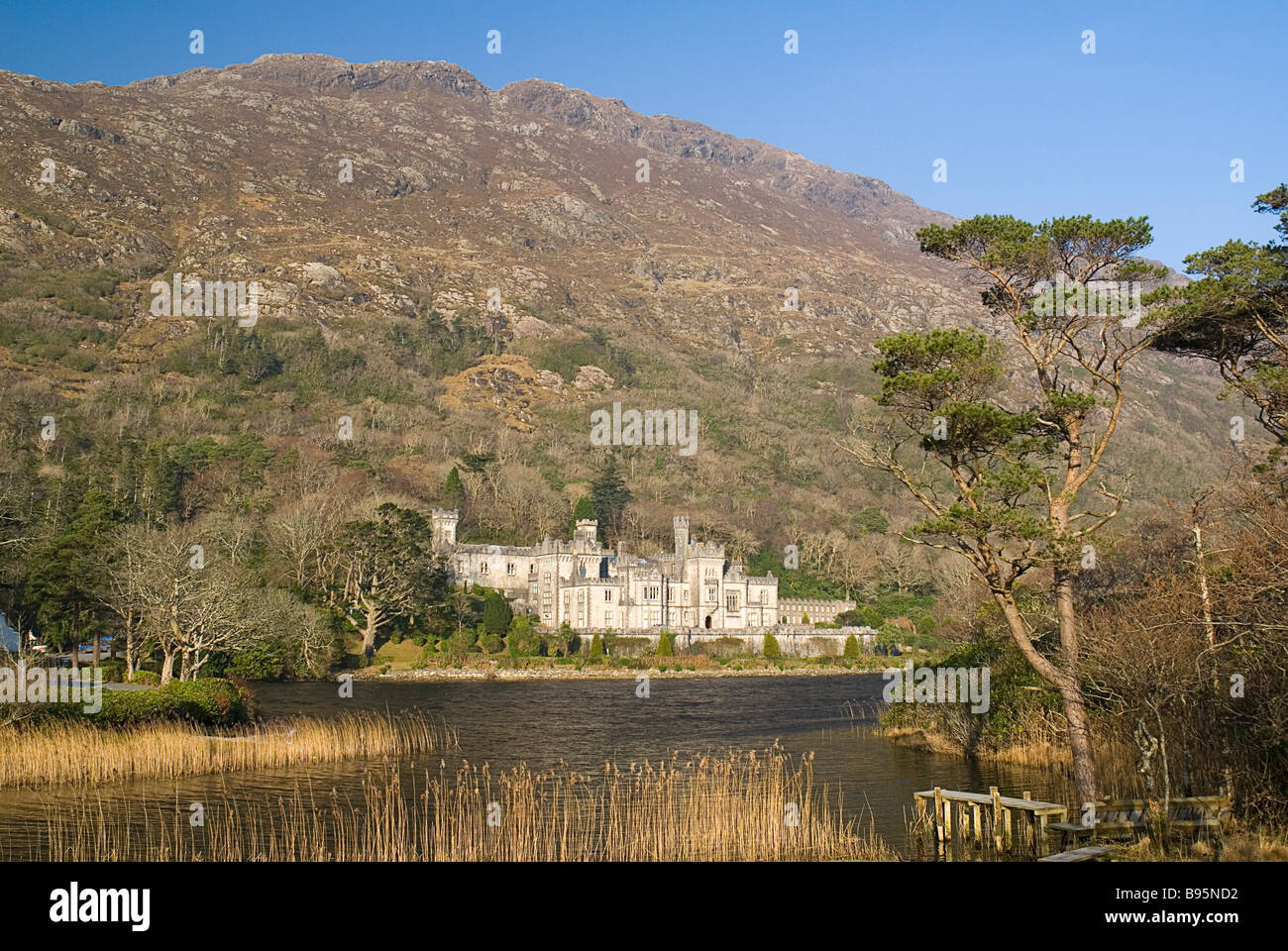 Ireland, County Galway, Connemara, Kylemore Abbey at foot of wooded