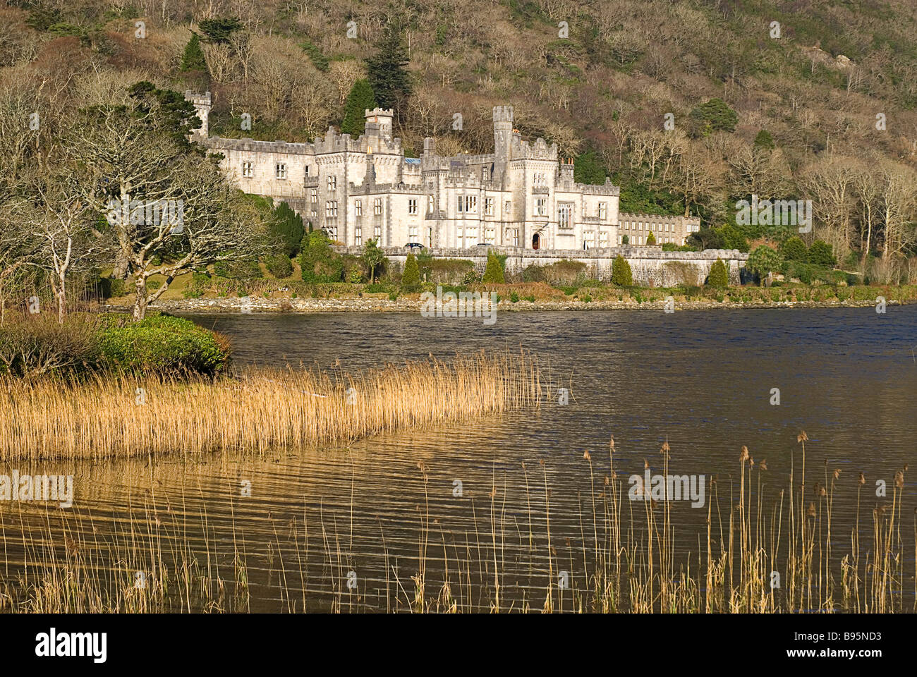 Ireland, County Galway, Connemara, Kylemore Abbey at foot of wooded