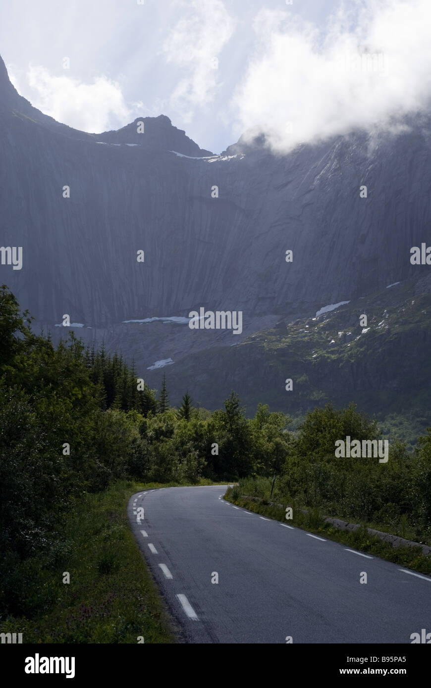 Road to Nusfjord, Flakstad, Flakstadøya island, Lofoten islands, Nordland, Norway, Scandinavia, Europe Stock Photo