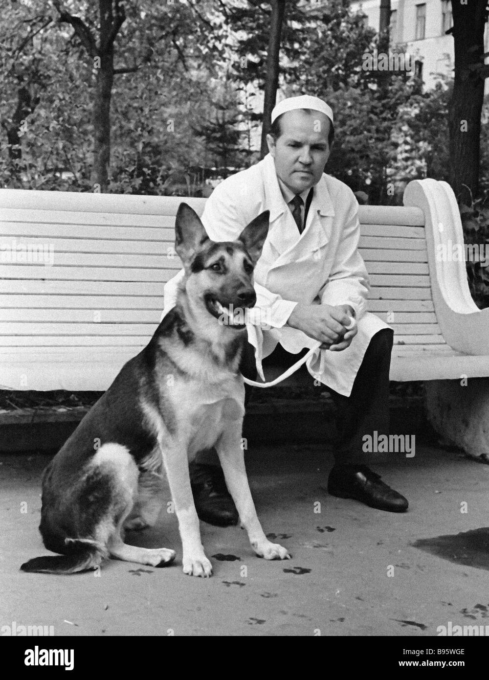 Vladimir Demikhov walking the dog named Grishka that has underwent ...