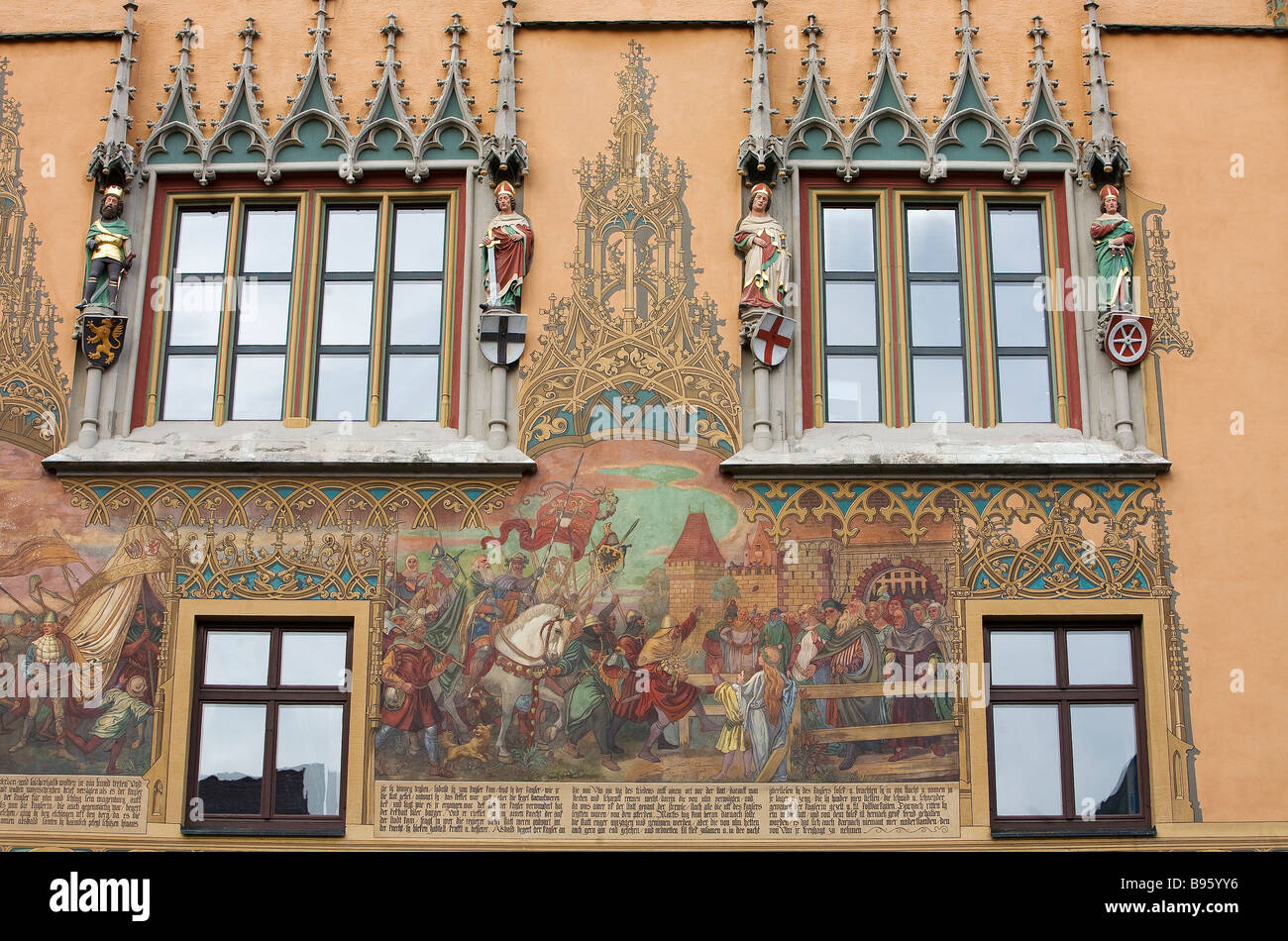 Germany, Bade Wurtemberg, Ulm, Albert Einstein' s birthplace, Rathaus (Town Hall) with Gothic tyle built in 1370, painted Stock Photo