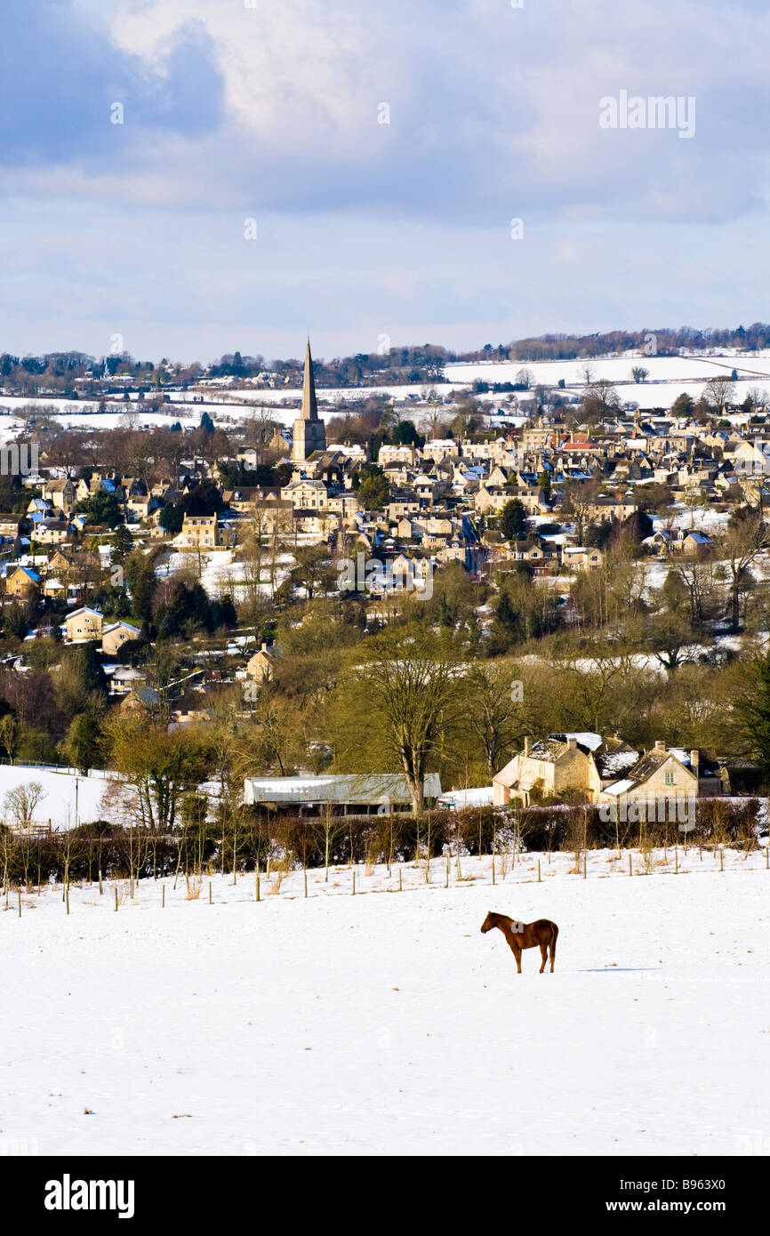 The Cotswold town of Painswick, Gloucestershire in winter snow viewed from the east Stock Photo
