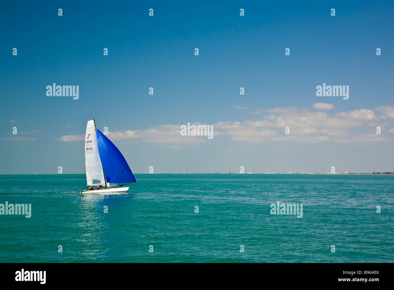 Sailboat in Gulf of Mexico in entrance to Tampa Bay from Gulf of Mexico Stock Photo