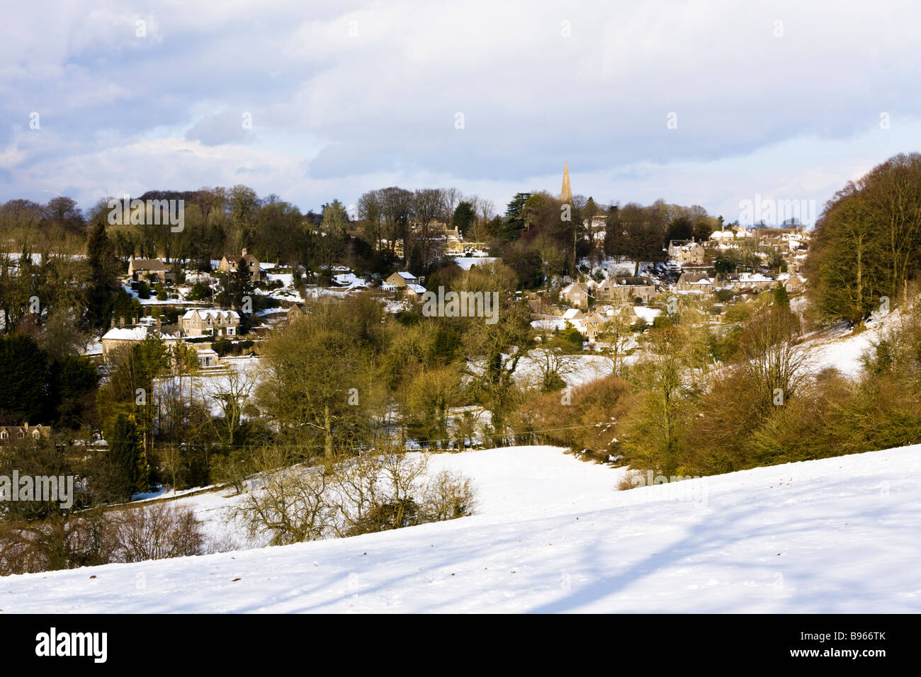 Winter snow in the Cotswold village of Bisley, Gloucestershire Stock Photo