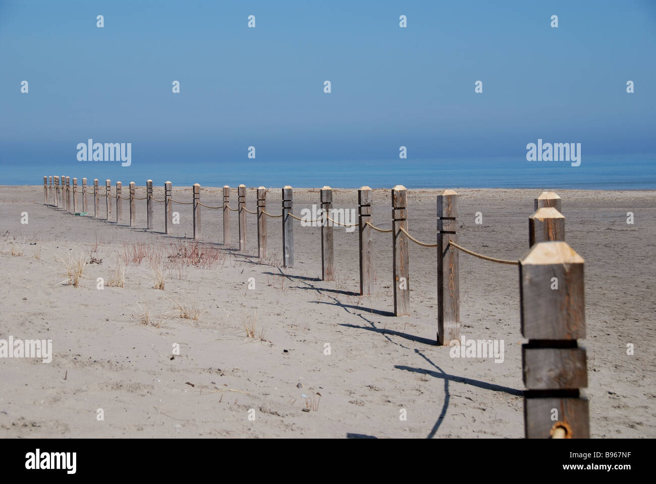 An early season line of posts installed on a Toronto beach to separate sensitive grasslands from the public recreational area.. Stock Photo