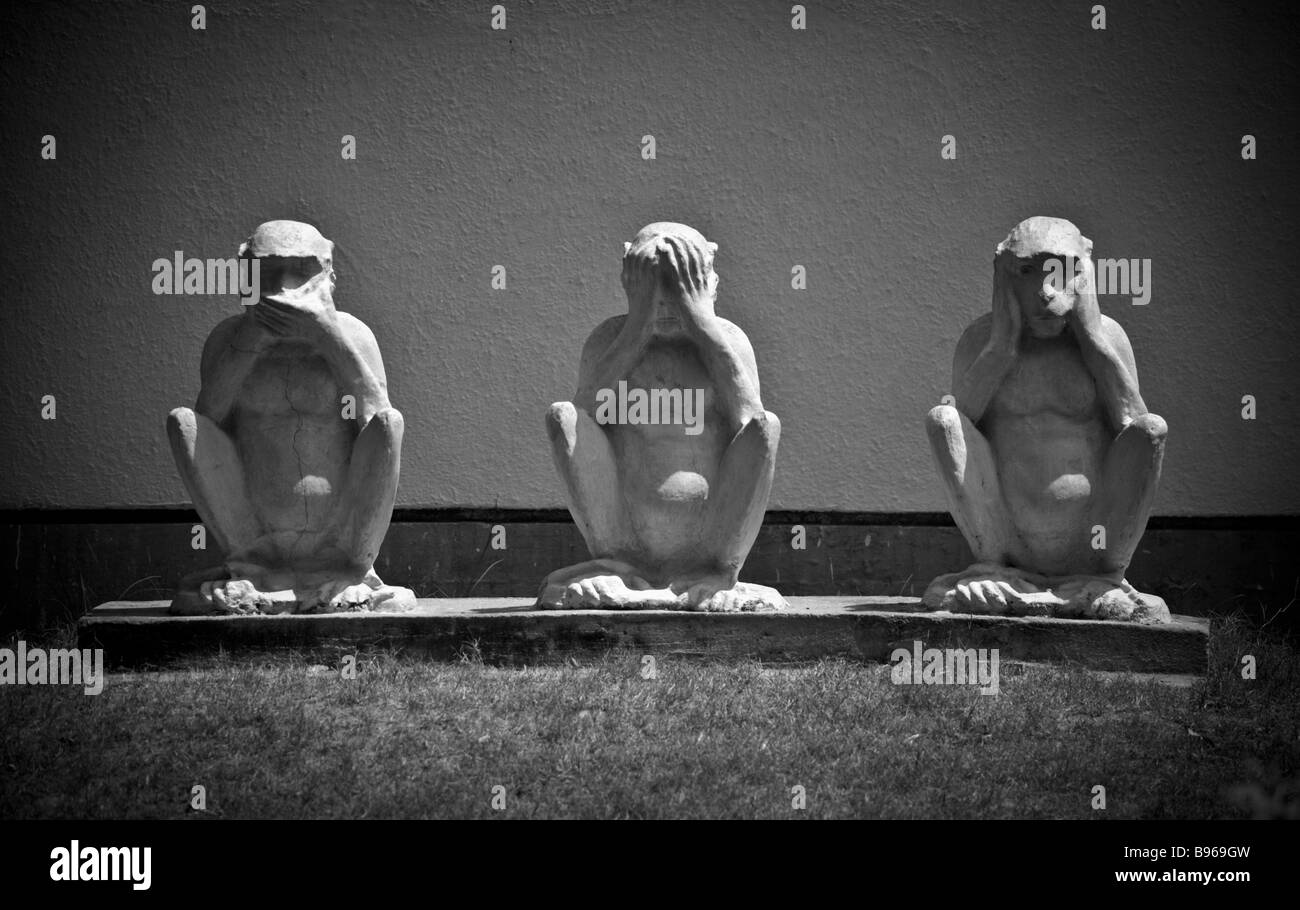 Three wise monkeys at the Sabarmati Ashram, known as Gandhi Ashram in Ahmedabad, India Stock Photo